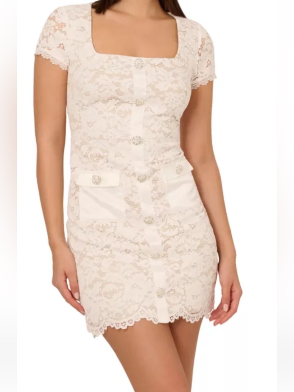 Adrianna Papell White Lace Dress Sz 16 Satin Scalloped Rhinestones Bridal NWT